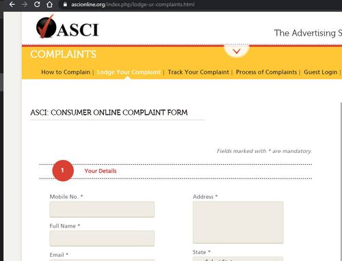 ASCI Online Complaint Form Against Advertisement