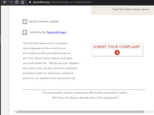 ASCI Online Complaint Form Submit