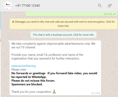 ASCI Online Complaint Advertisement WhatsApp Number